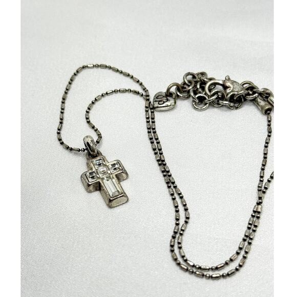 Brighton Jewelry - Brighton Crystal Cross Pendant Bar Bead Chain Necklace 16-18" Silver Plated